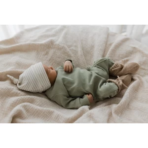 Hello little you - boxpakje rib dusty green, mutsje rib streepjes zand wit