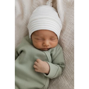 Hello little you - boxpakje rib dusty green, mutsje rib streepjes zand wit