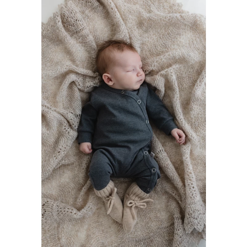 Hello Little You - Boxpakje rib donkergrijs grijze rib maat 50, slofjes merino wol zand