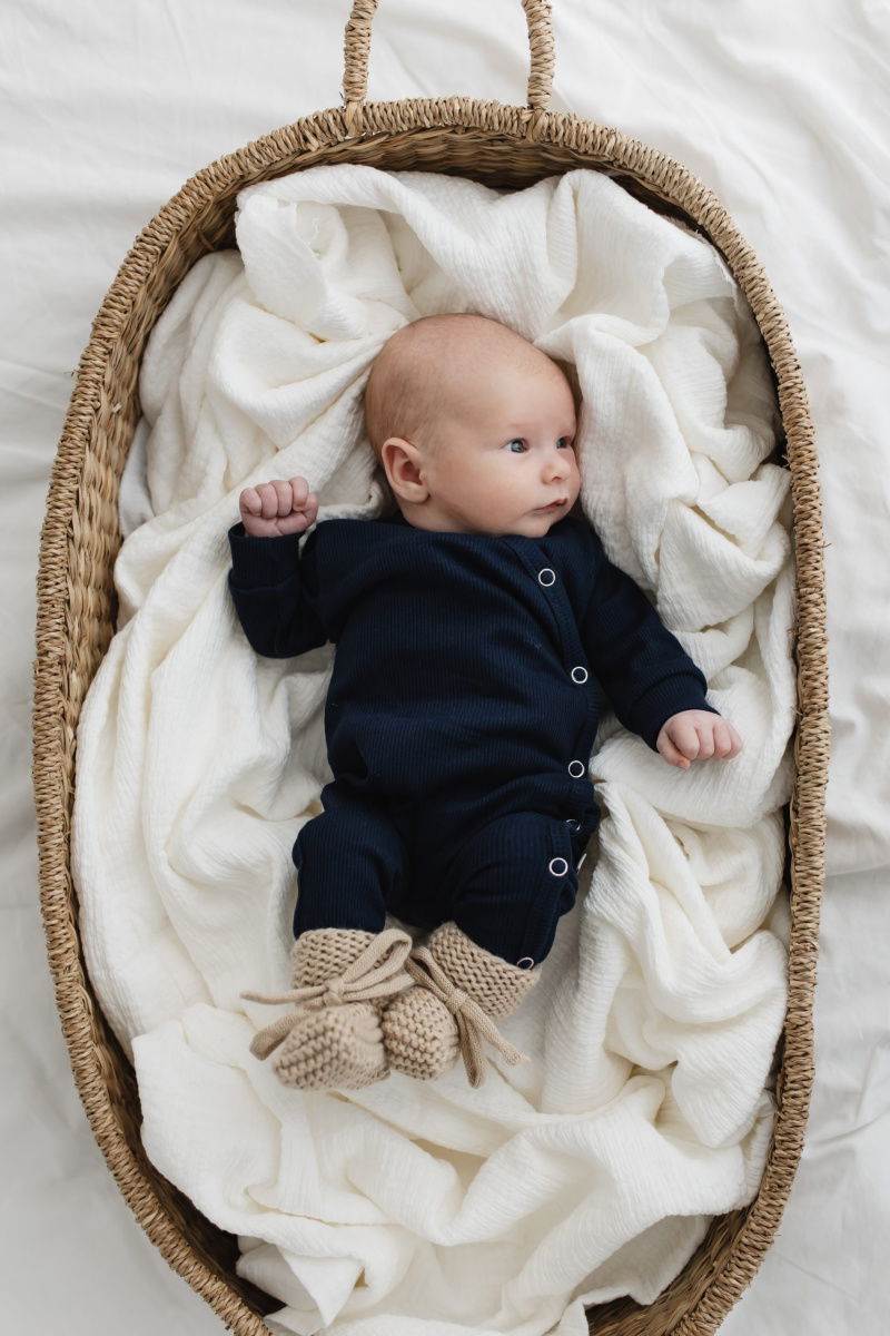 Boxpakje rib blauw, wollen slofjes zandkleur chunky knit