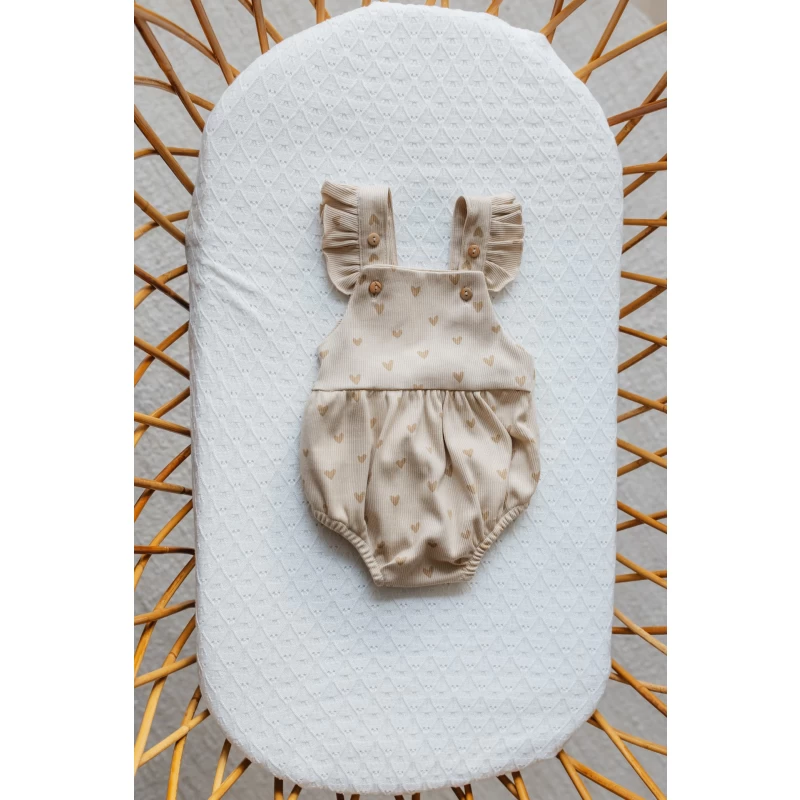 Hello little you - zomerpakje, zomer jumpsuit meisje baby hartjes geel bruin ruffle op schouder