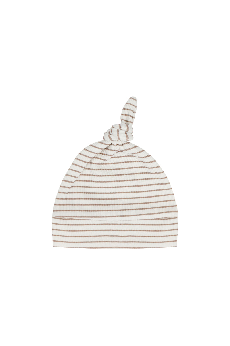 Mutsje newborn smalle rib taupe streepjes - Hello little you