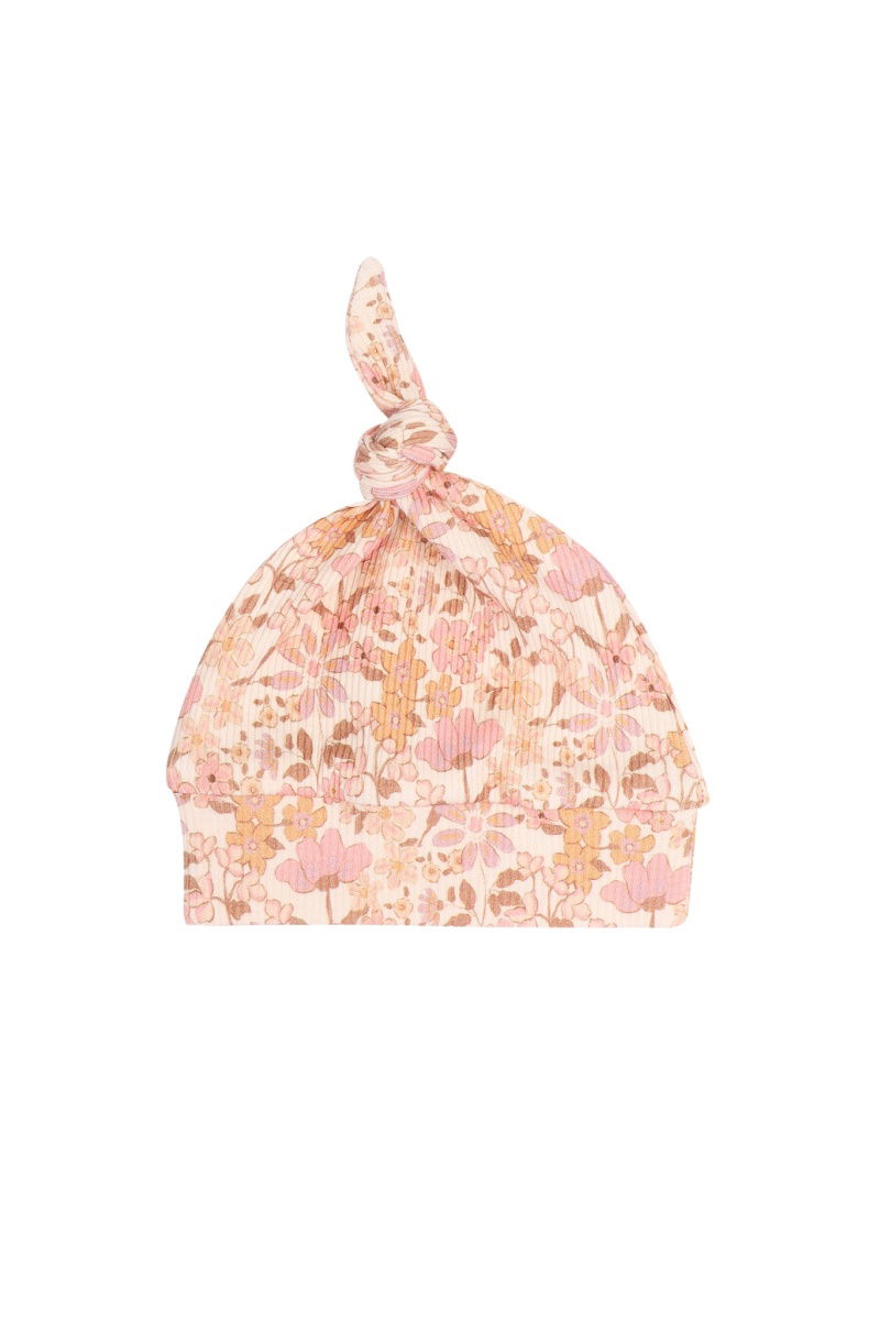 Mutsje smalle rib oranje roze bloemetjes